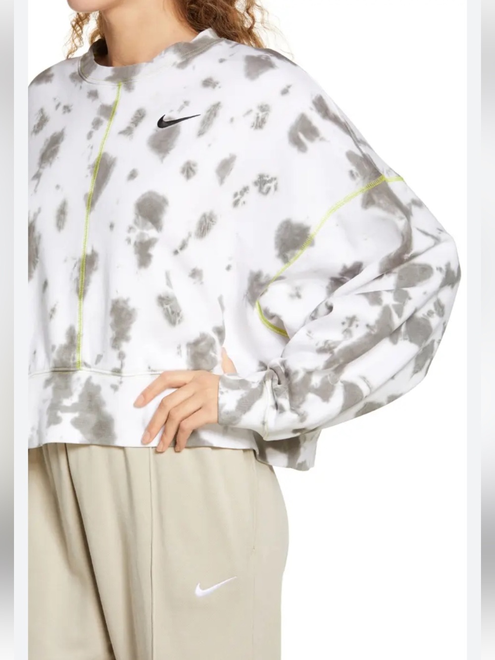 Nike White & Gray Tie-Dye Cropped Sweatshirt with Neon Yellow Stitching